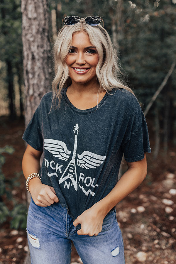 Rock N' Roll Cropped Vintage-Wash Graphic Tee Image - 1