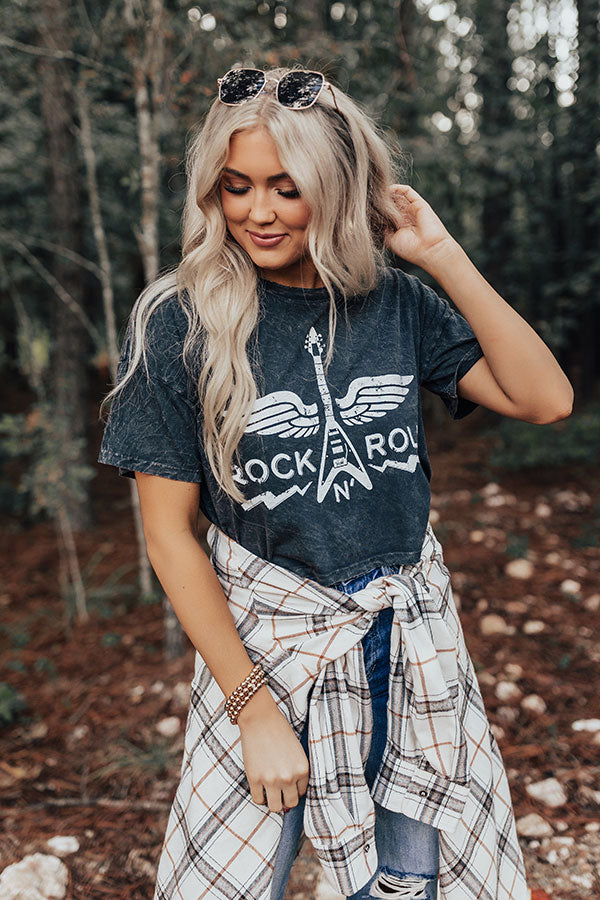 Rock N' Roll Cropped Vintage-Wash Graphic Tee