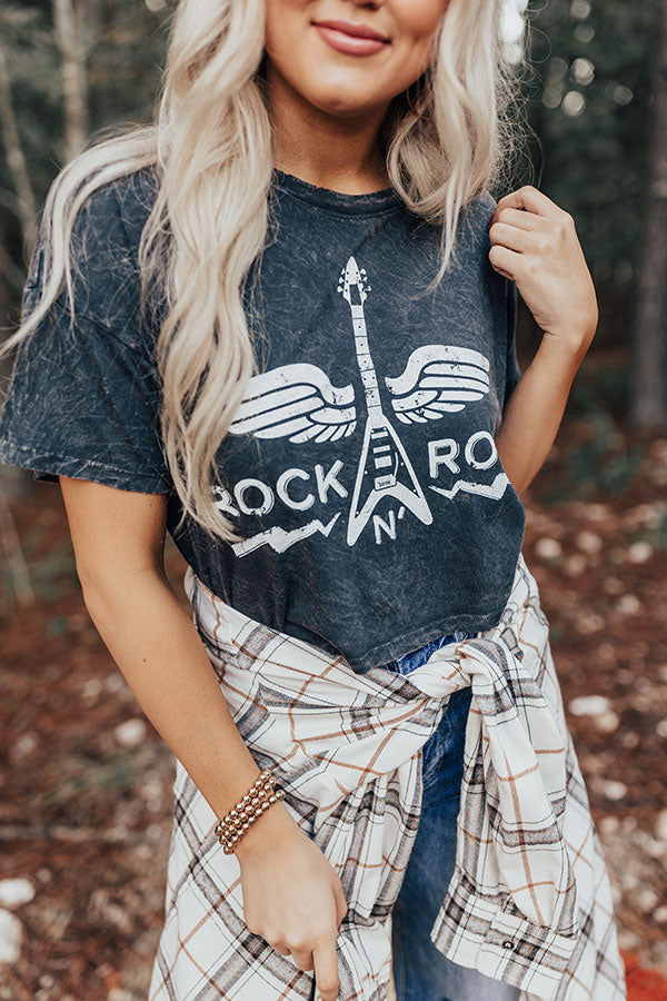 Rock N' Roll Cropped Vintage-Wash Graphic Tee Image - 1