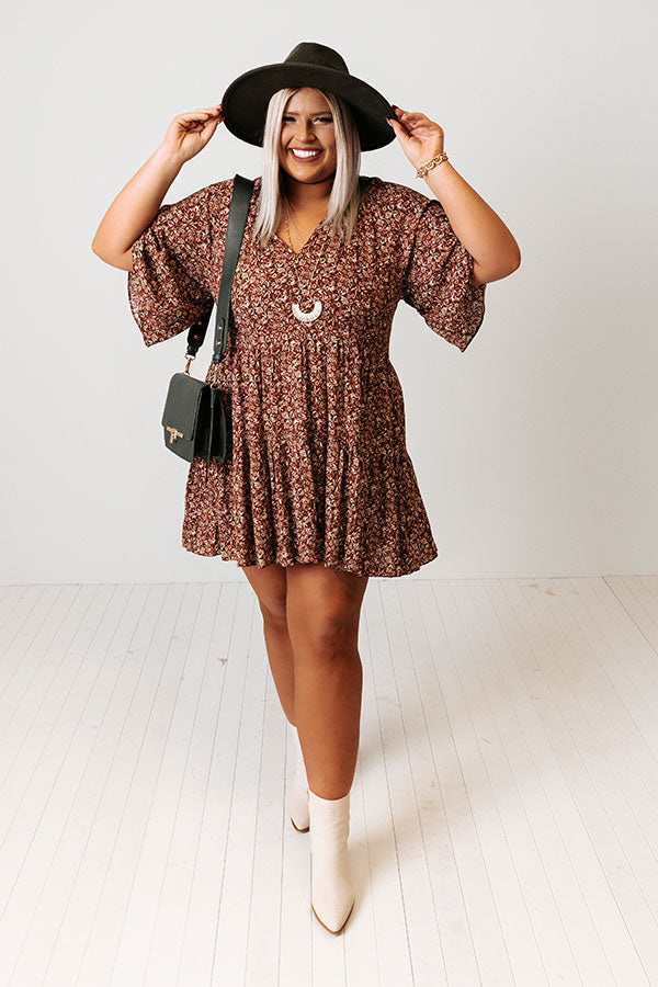 Boho In Soho Floral Shift Dress in Rust Curves