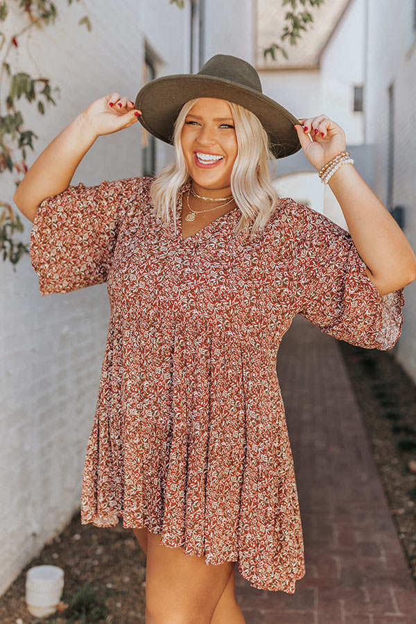 Boho In Soho Floral Shift Dress in Rust Curves