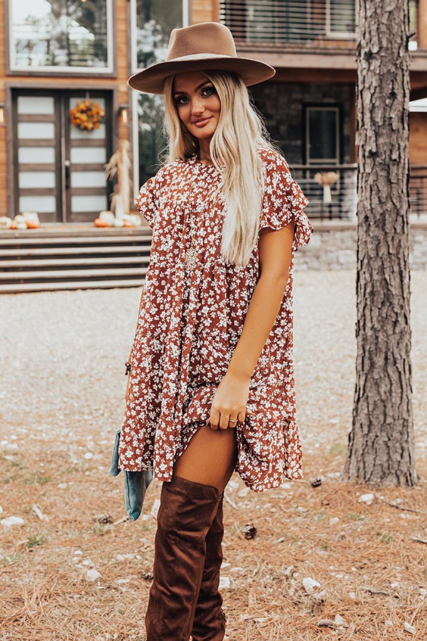 Thankful Babe Floral Shift Dress In Rust