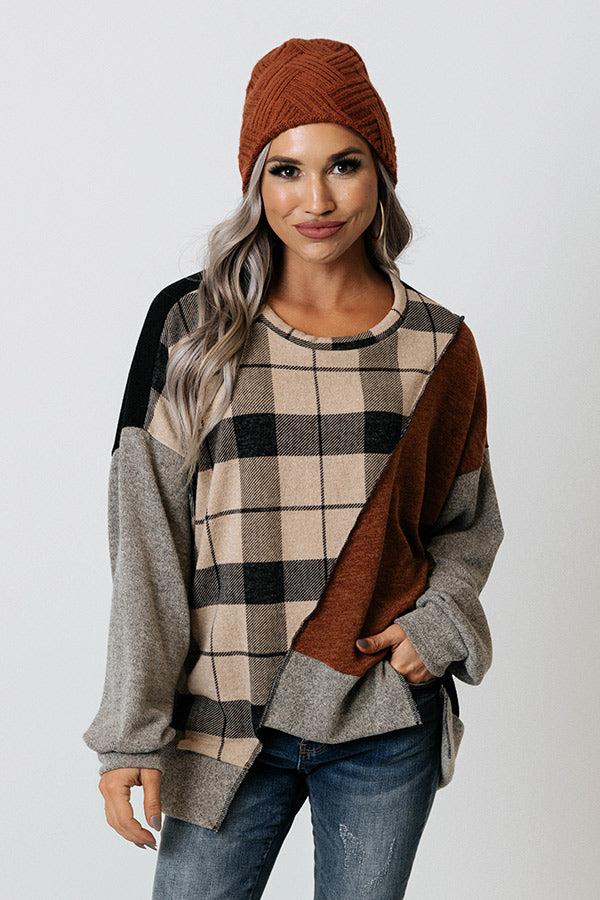 Espressos On Me Plaid Color Block Top