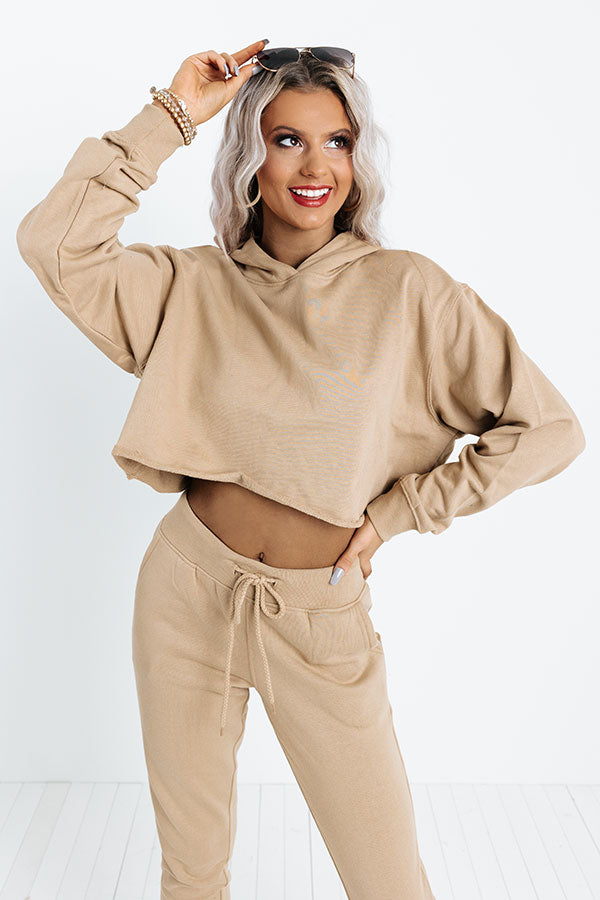 Hint Of Cozy Crop Hoodie In Khaki