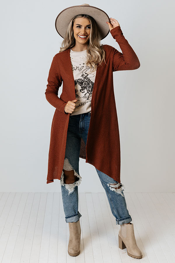 Coolest Feeling Waffle Knit Cardigan In Rust