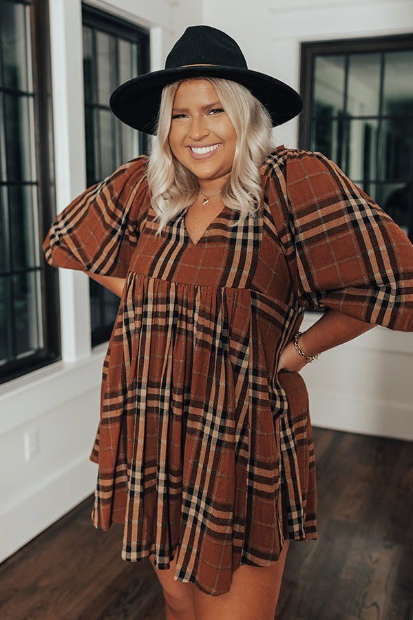 Yearn For More Plaid Babydoll Dress in Camel Curves