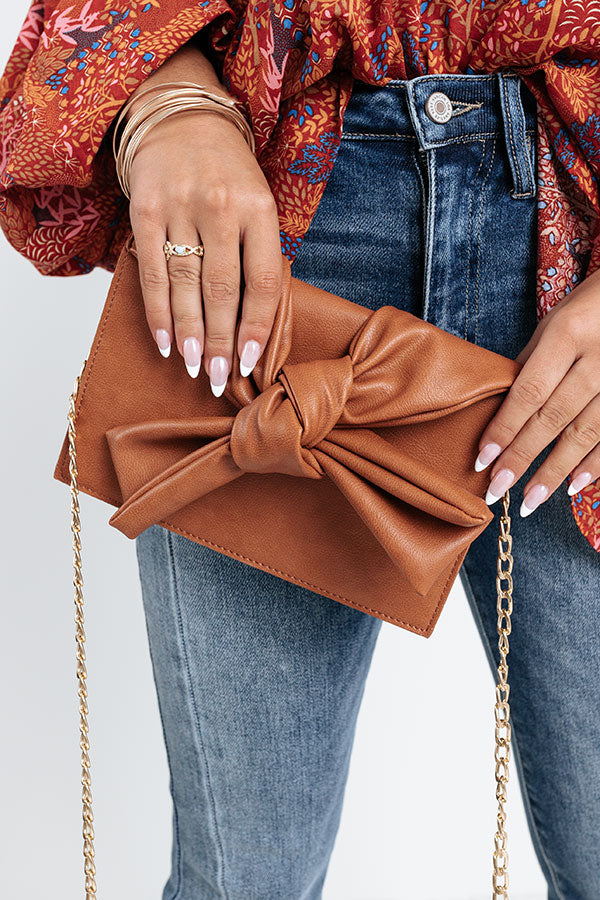 Celebrity Chic Faux Leather Clutch In Dark Camel