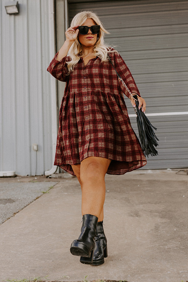 Cheery Mood Plaid Tunic Dress in Wine Curves