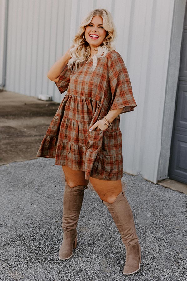 Kind Conversation Plaid Tunic Dress in Rust Curves