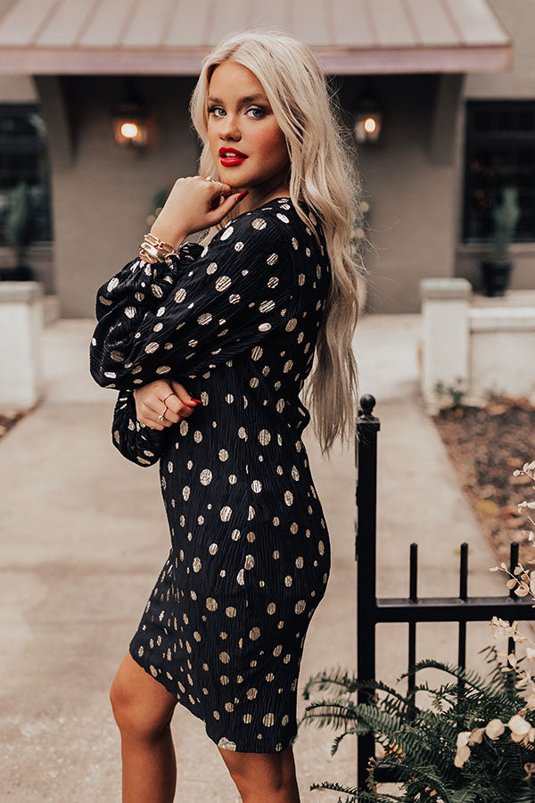 black dress gold polka dots lacRbo Black Polka Dot Gold Metallic Foil Print Long Sleeve Mini Dress,Twist Neck Detail Vintage Party Birthday Dress,Autumn French Style Dining