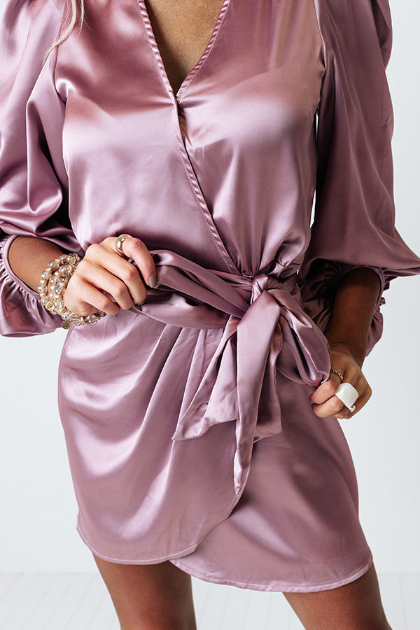 Flowing Champagne Satin Wrap Dress In Dusty Purple Impressions Online Boutique Flowing Champagne Satin Wrap Dress In Dusty Purple Impressions Online Boutique