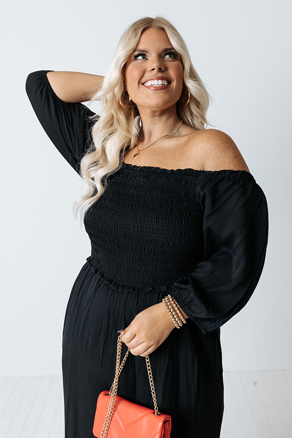 Moon Phase Smocked Jumpsuit In Black Curves