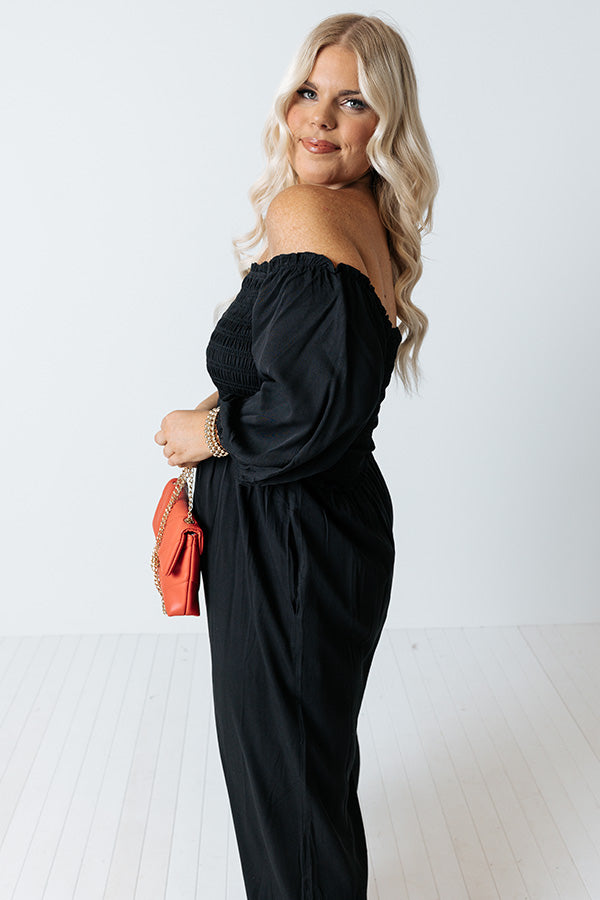 Moon Phase Smocked Jumpsuit In Black Curves