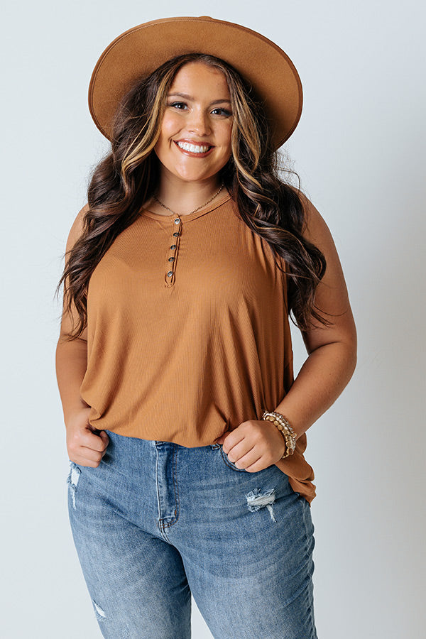 Party Perfection Ribbed Henley Tank In Light Chocolate Curves
