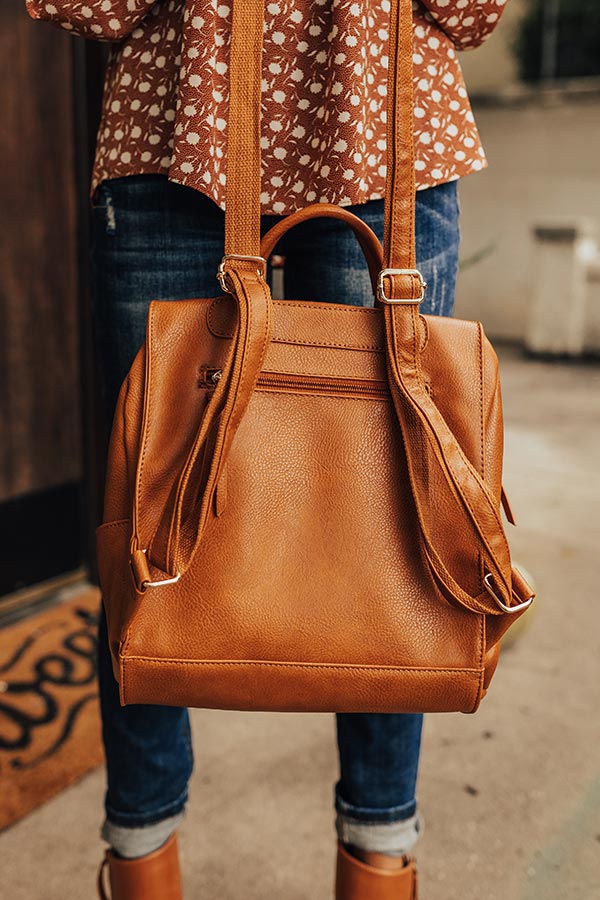 chestnut leather or pleather backpack Pay It Forward Faux Leather Backpack In Dark Camel