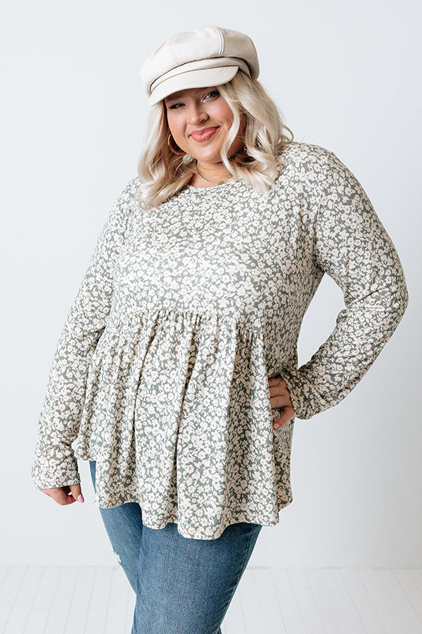 Amazing Ideas Floral Babydoll Top In Sage Curves
