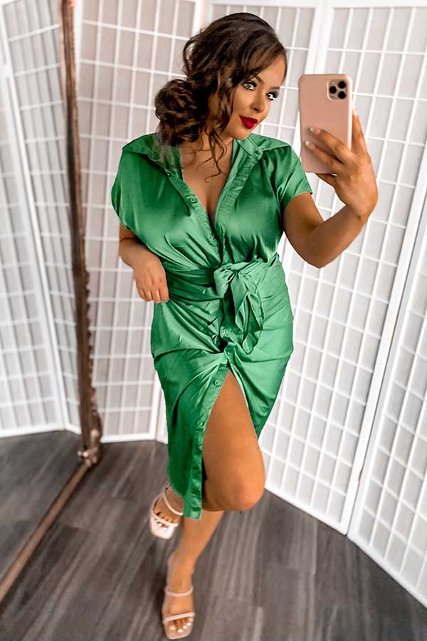 green satin button up dress Satin Button Down Wrap Midi Dress in Dark Green