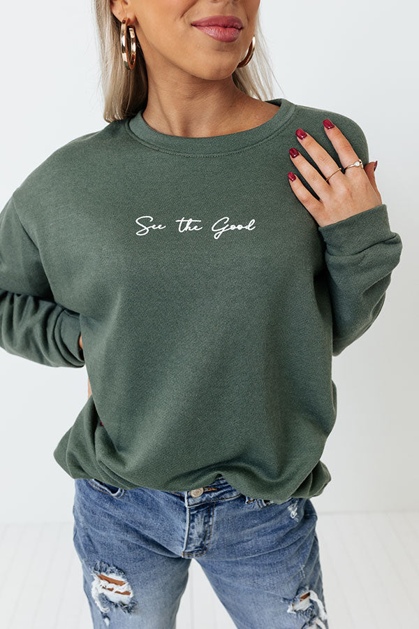 See The Good Graphic Sweatshirt in Olive Impressions Online Boutique