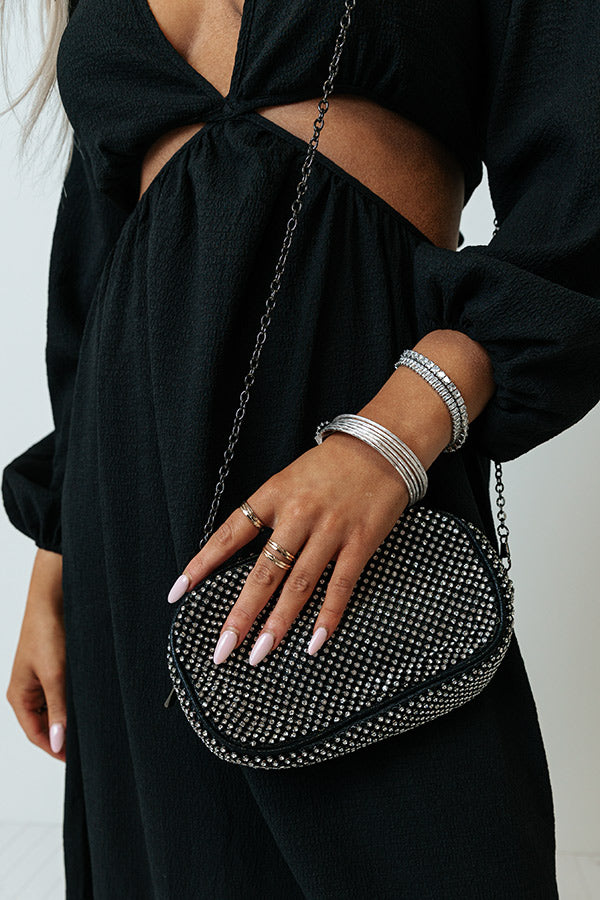 Champagne Getaway Rhinestone Clutch In Black