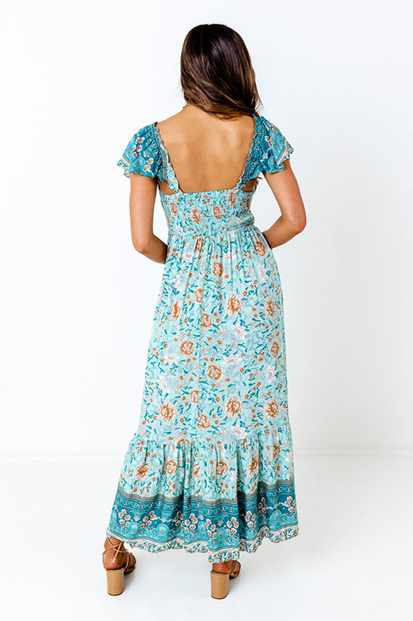 Sea Divine Smocked Maxi In Teal
