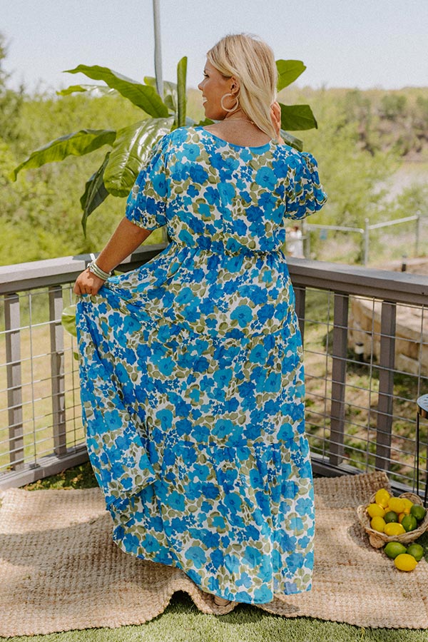 royal blue summer maxi dress Elegant Royal Blue Floral Tulle V-Neck Cap Sleeve Sash Tie A-Line Train Maxi Dress For Women Summer Wedding, Prom, Party, Vacation & Festival