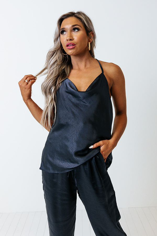 Go To Glam Satin Top In Navy