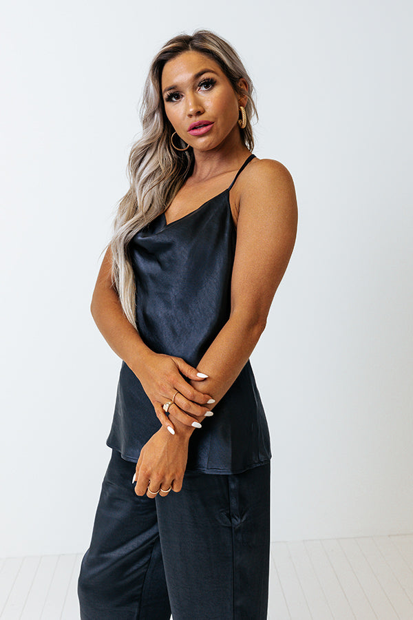 Go To Glam Satin Top In Navy