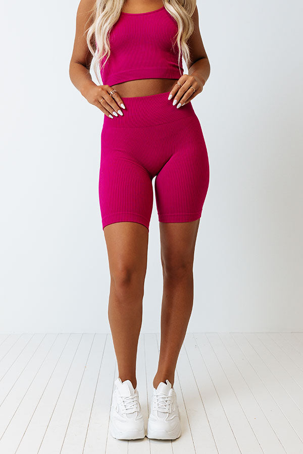 Up At Dawn High Waist Ribbed Biker Shorts in Berry