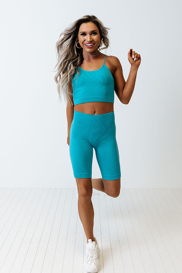 Up At Dawn High Waist Ribbed Biker Shorts in Turquoise