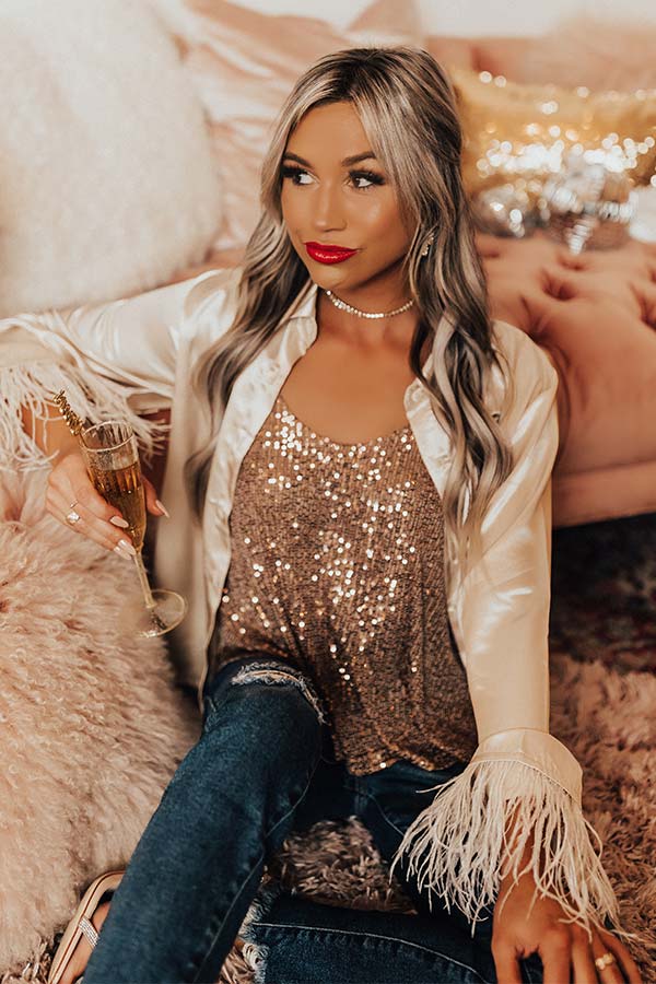 Fashionable Scene Satin Feather Top In Champagne