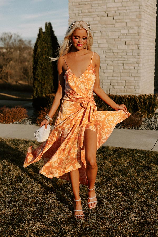 Dance And Sway Satin Wrap Dress in Orange S / Orange Dance And Sway Satin Wrap Dress in Orange S / Orange