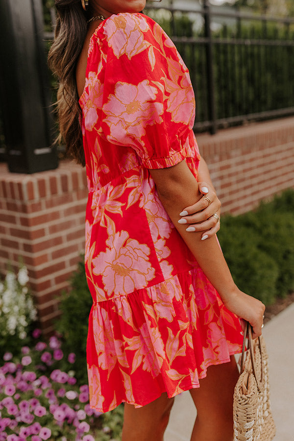 red floral shift dress Red Floral Block Print Cotton V-Neck Short Shift Dress with Scarf-Belt 50" / Petite (5'1" and below)