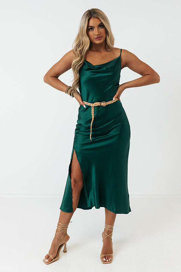Classy And Confident Satin Midi In Hunter Green Classy And Confident Satin Midi In Hunter Green