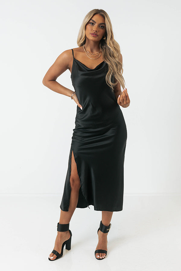 black satin bodycon midi dress Aspen Midi Dress