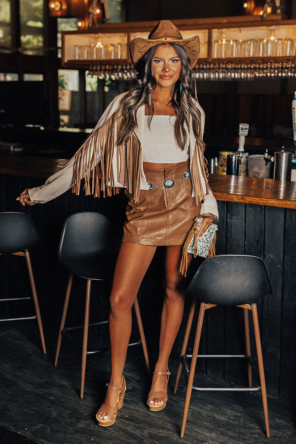 Feeling Grand Faux Suede Fringe Jacket In Brown