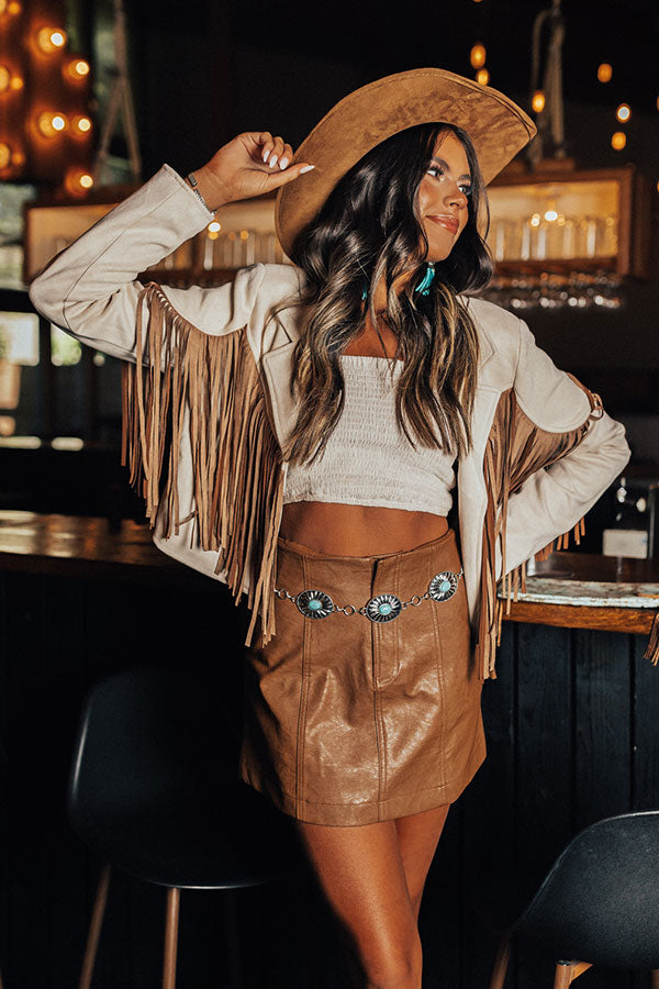 Feeling Grand Faux Suede Fringe Jacket In Brown