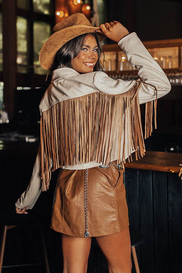 Feeling Grand Faux Suede Fringe Jacket In Brown