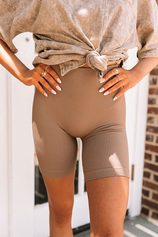 Up At Dawn High Waist Ribbed Biker Shorts In Mocha