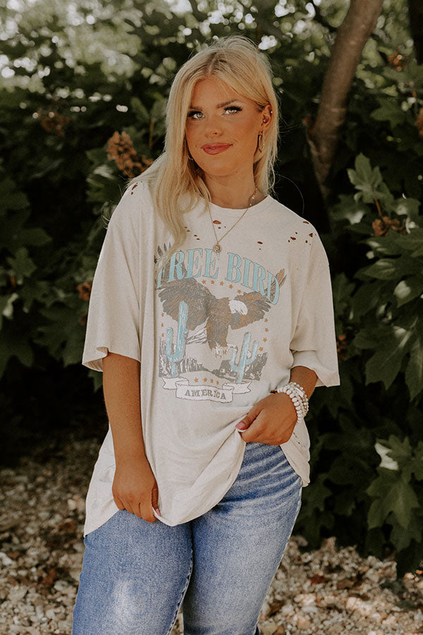Free Bird Vintage Graphic Distressed Boyfriend Tee In Stone Curves