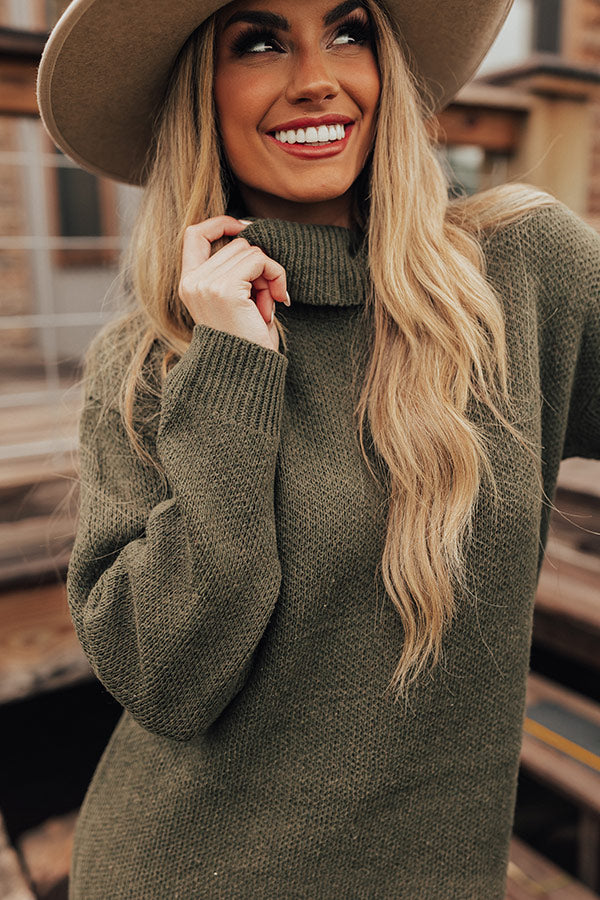 Chill On The Horizon Sweater Dress In Army Green Chill On The Horizon Sweater Dress In Army Green