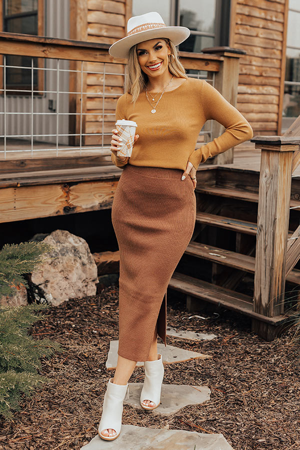 Coffee And Smiles Ribbed Skirt In Chocolate