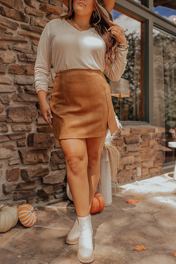The Nashville Faux Suede Skirt in Brown Curves