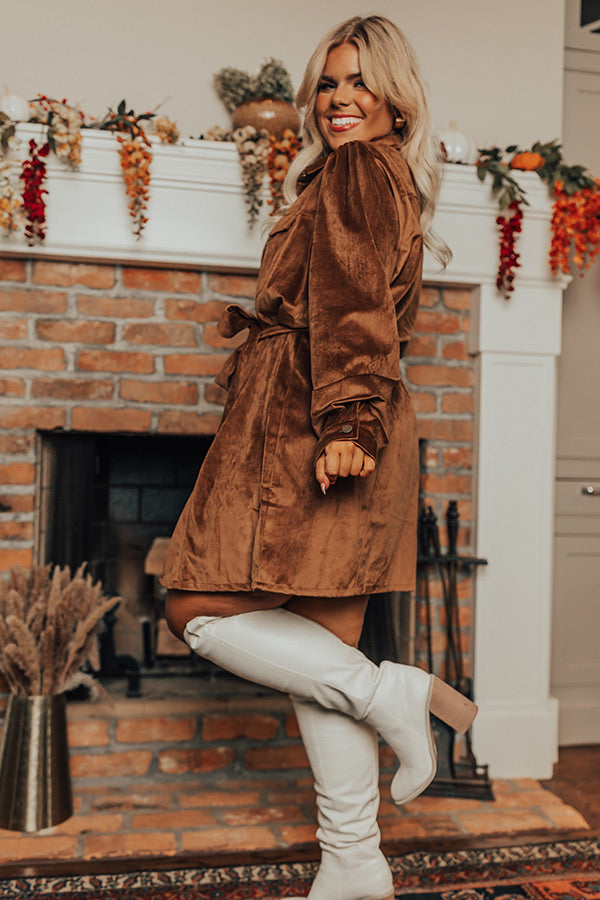 brown faux suede dress FAR WEST FAUX SUEDE GODET FIT AND FLARE DRESS