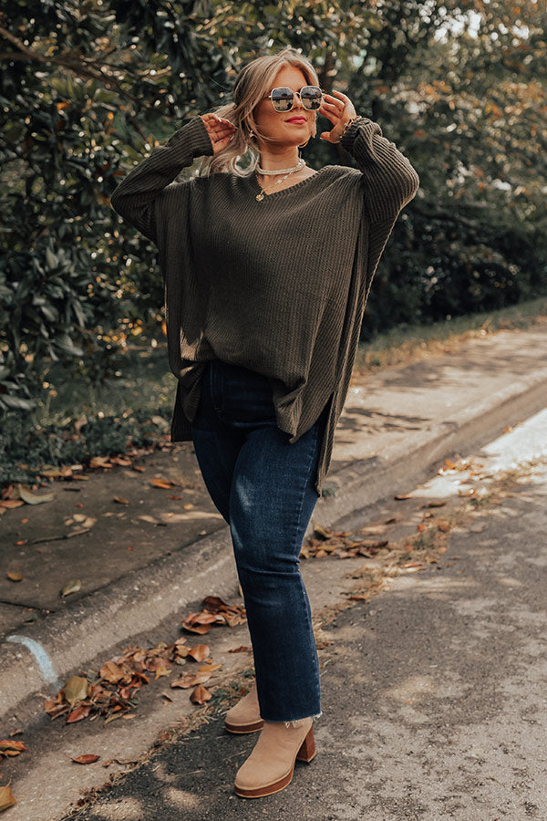 Bonfire Date Waffle Knit Tunic In Army Green Curves