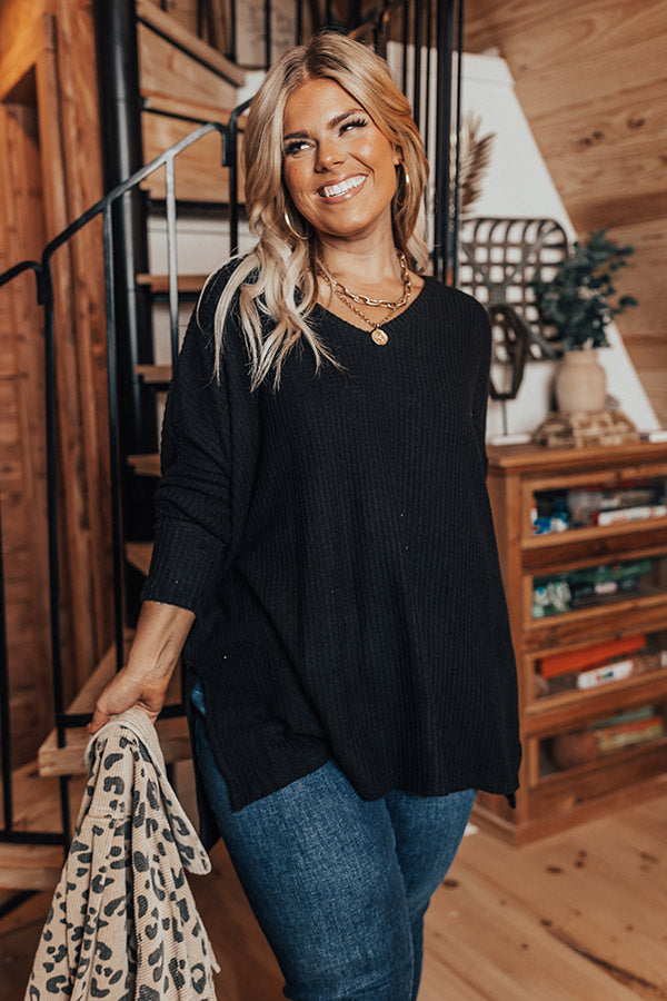 Bonfire Date Waffle Knit Tunic In Black Curves