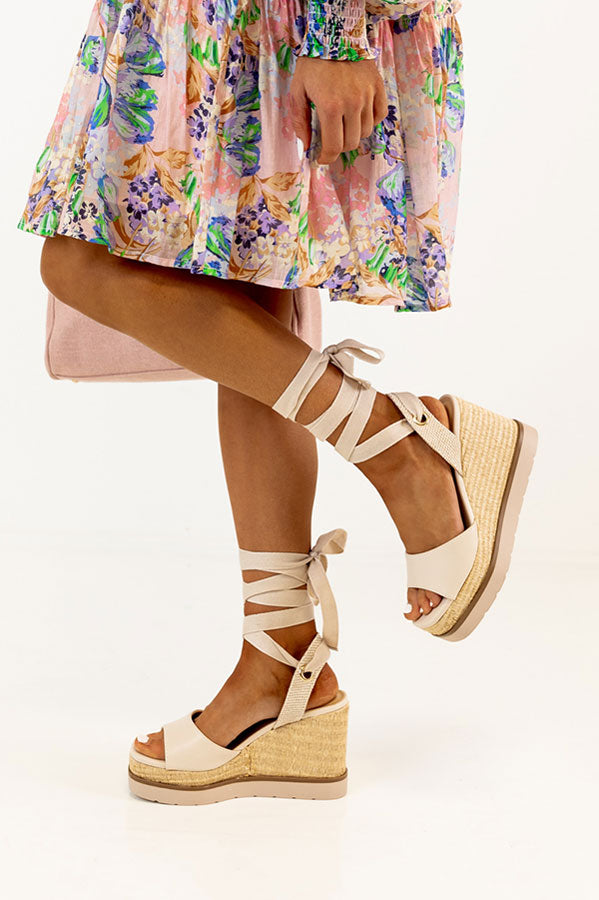 The Sofia Lace Up Wedge In Stone