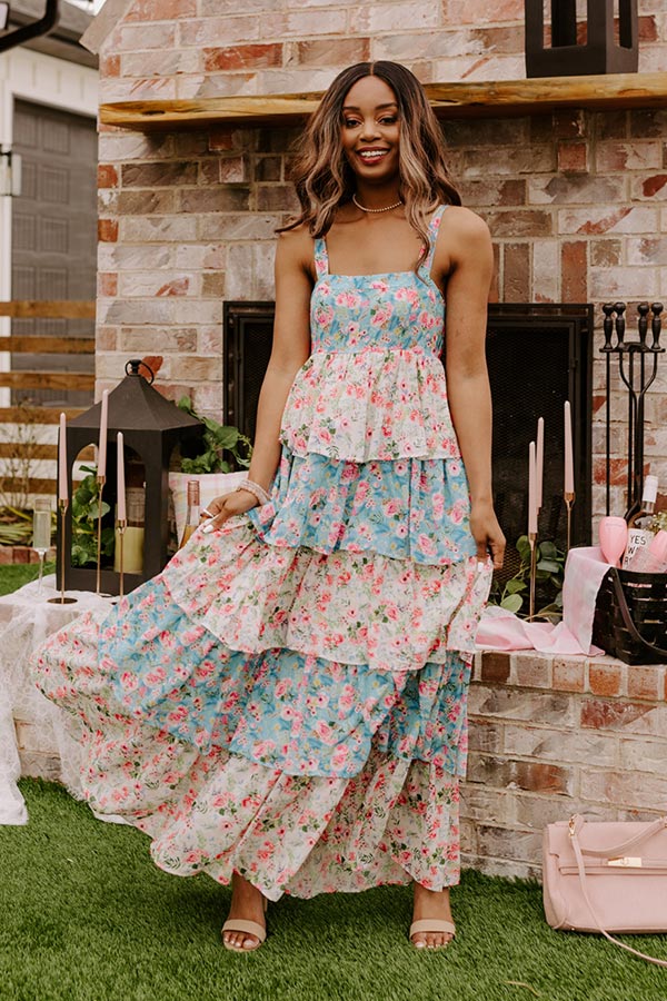 women's classic charm toile maxi dress Toile print buttoned collared maxi dress - Blue