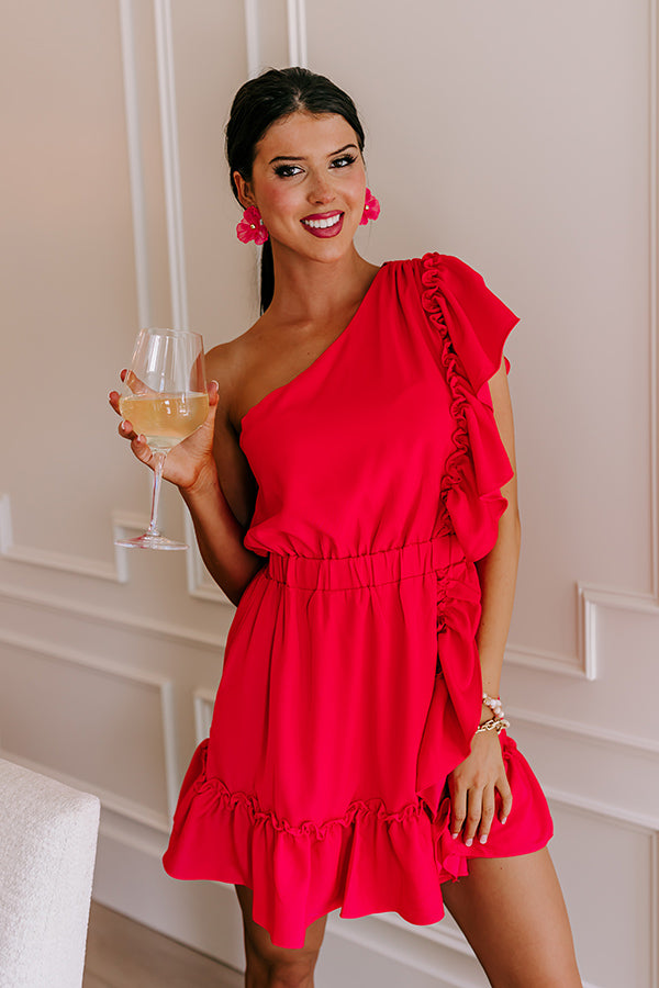 butacup frill mini dress red HYFVE Women's Buttercup Babe Deep V-Neck Ruffle Mini Dress in Coral Red