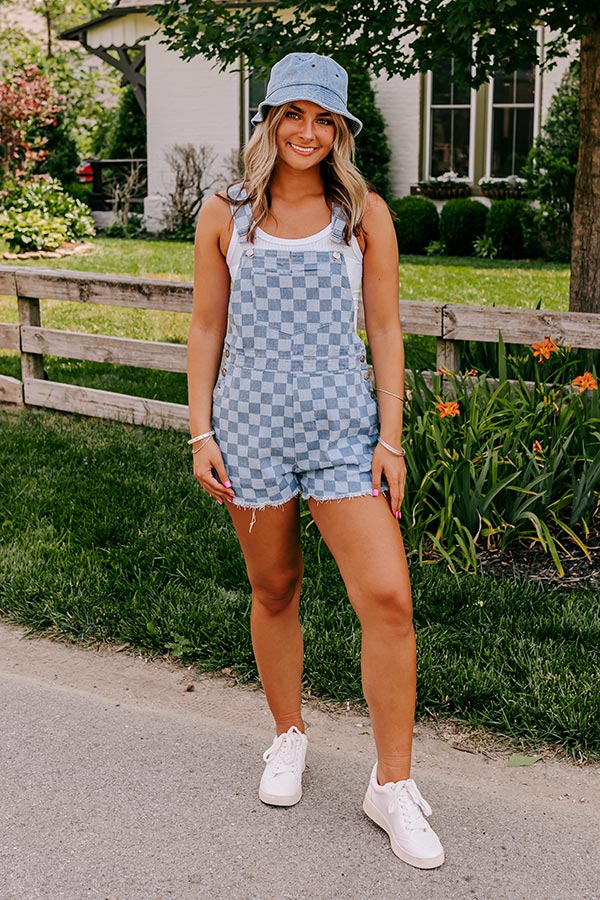 blue checkered overall dress Checkerboard Wide Leg Denim Overalls (Women)