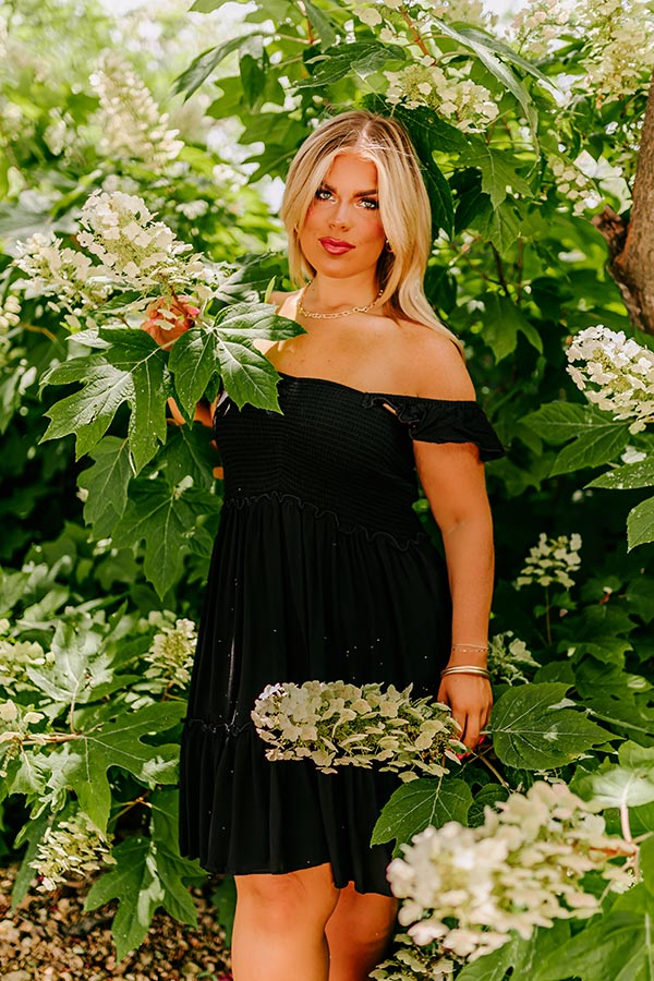 Trip to Barcelona Smocked Mini Dress in Black Curves Trip to Barcelona Smocked Mini Dress in Black Curves